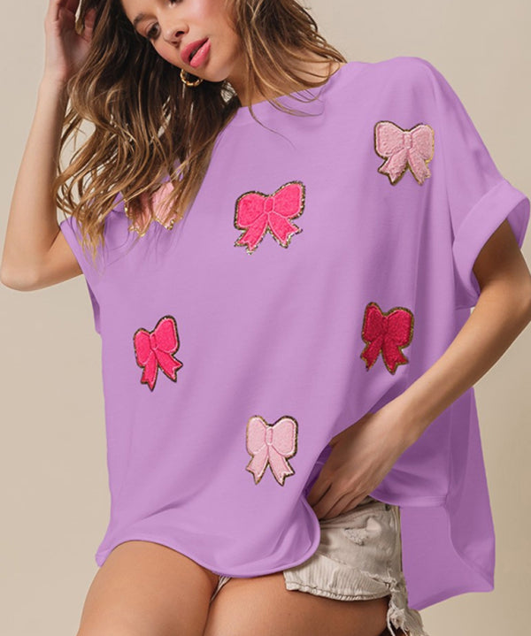 Women's Pinky Bow Mania French Terry Patched Short Sleeve Top