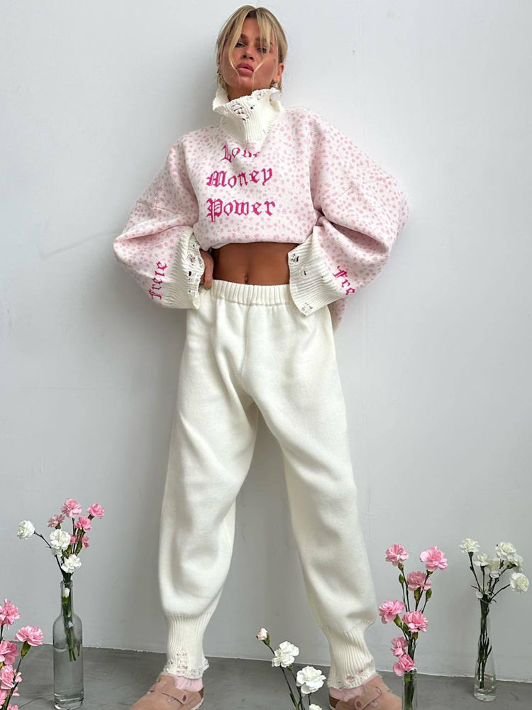 Women's Letter Jacquard Tattered Design Baggy Sweater