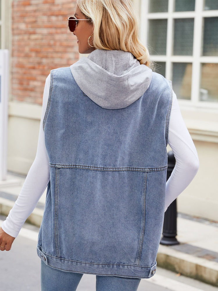 Women's Drawstring Sleeveless Hooded Denim Vest