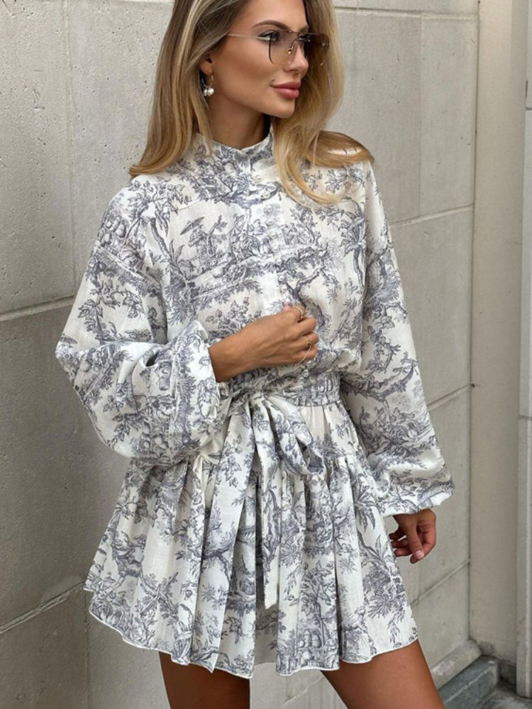Women's Floral Pattern Puff Sleeve Mid Dress