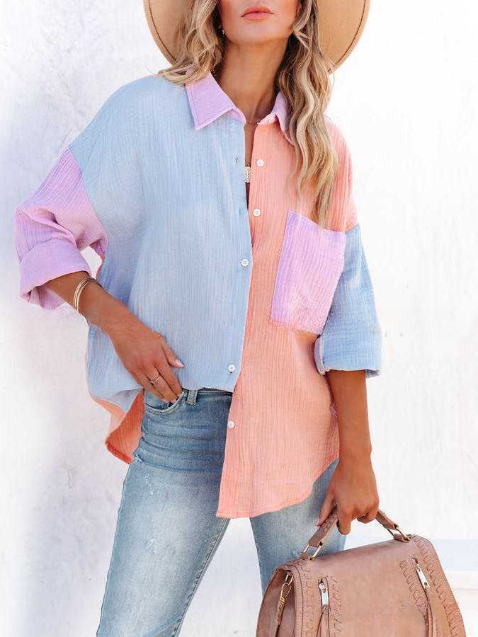 Chic Color Block Button Up Collared Neck Shirt