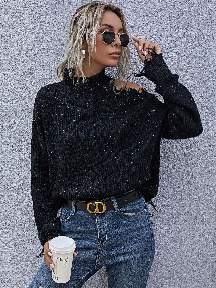 Distressed High Neck Raw Hem Long Sleeve Sweater