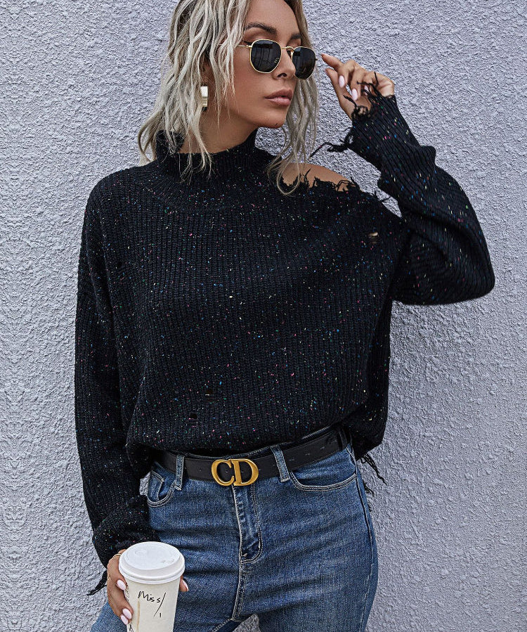 Distressed High Neck Raw Hem Long Sleeve Sweater