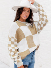 Jersey de punto con cuello redondo y estampado a cuadros chic