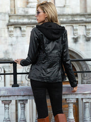 Women's Detachable Hooded Slim Fit Leather Bomber Jacket