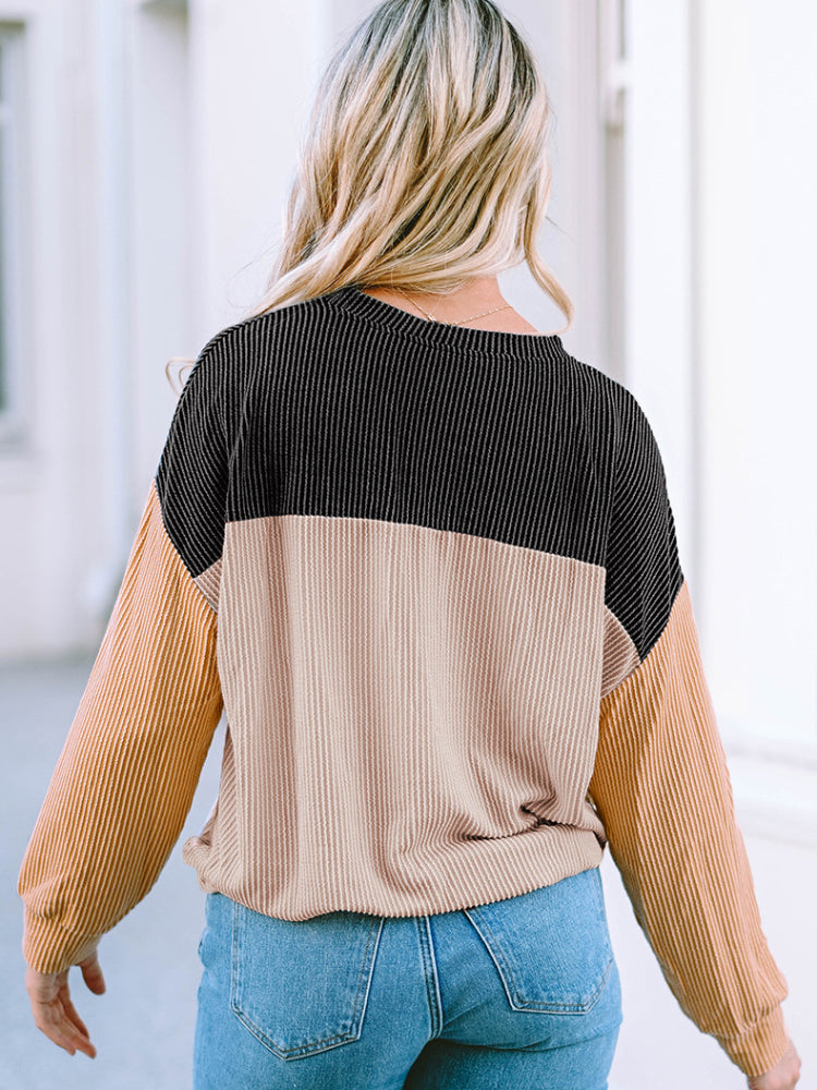 Chic Ribbed Color Block Knit Pullover Sweater
