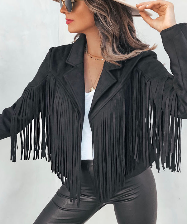 Women's Leather Sueded Elegant Collared Tassel Jacket