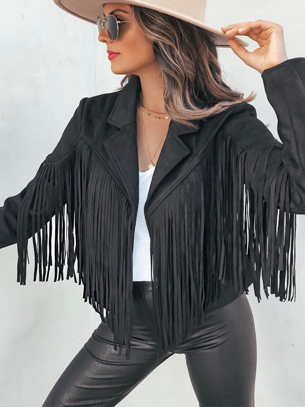 Women's Leather Sueded Elegant Collared Tassel Jacket