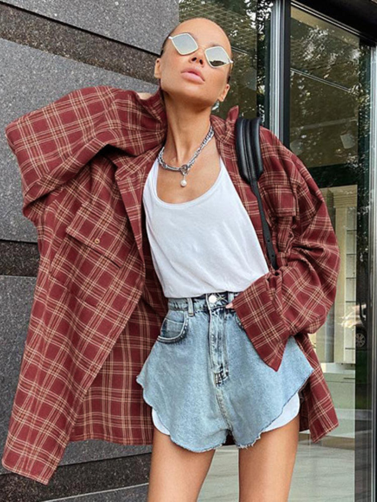 Women's Oversized Red Plaid Long Sleeve Shirt