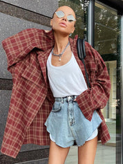 Women's Oversized Red Plaid Long Sleeve Shirt