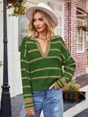 Women's Patchwork Striped Lapel Baggy Pullover Sweater