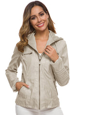 Women's Detachable Hooded Slim Fit Leather Bomber Jacket