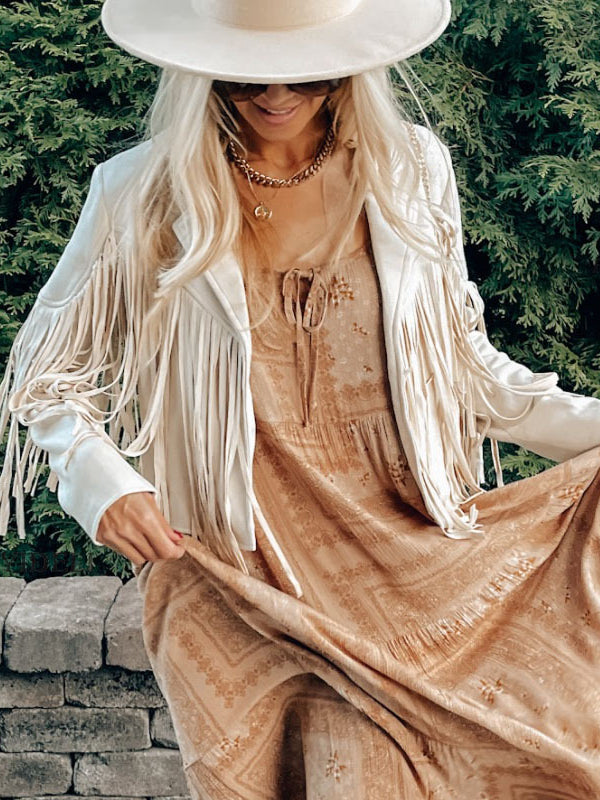 Women's Leather Sueded Elegant Collared Tassel Jacket