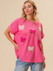 Women's Pinky Bow Mania French Terry Patched Short Sleeve Top