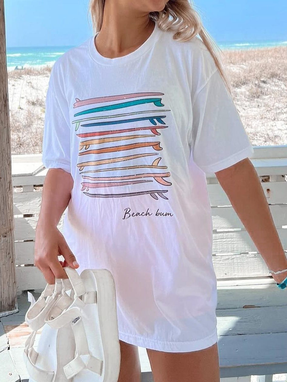 Ladies Let's Go Surfing Beach Bum Short Sleeve Tee