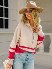 Retro Two-Tone Long Sleeve 1/2 Zip-Up Knit Pullover
