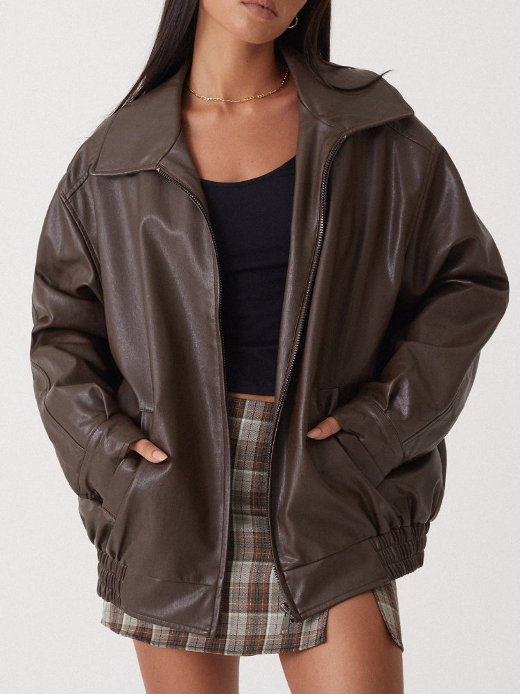 Women's Loose Zip Up Faux Leather Bomber Jacket