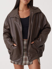 Women's Loose Zip Up Faux Leather Bomber Jacket