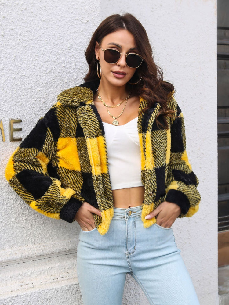 Women's Plaid Fuzzy Button Down Cropped Jacket