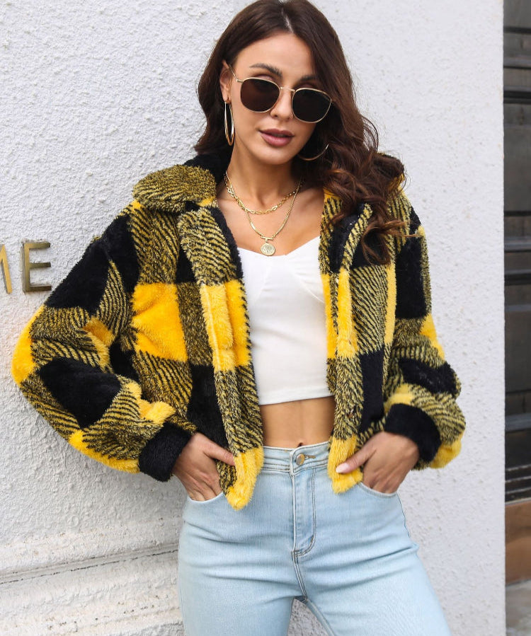 Women's Plaid Fuzzy Button Down Cropped Jacket