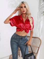 Lapel Collar Button Up Short Sleeve Poplin Shirt