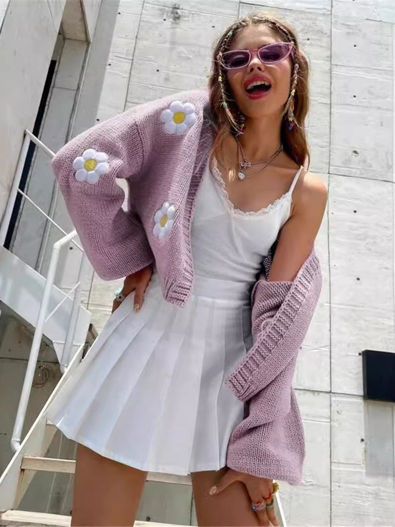 Women's Floral Open Cardigan Cropped Sweater