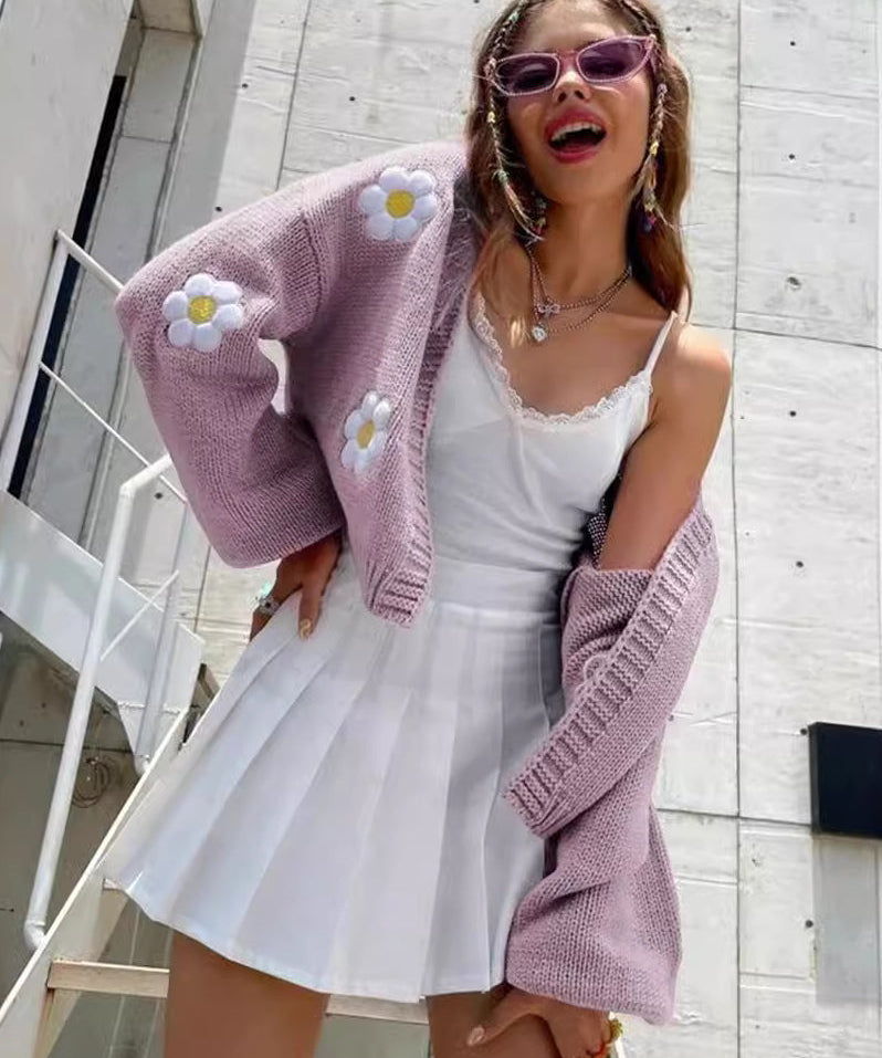 Women's Floral Open Cardigan Cropped Sweater