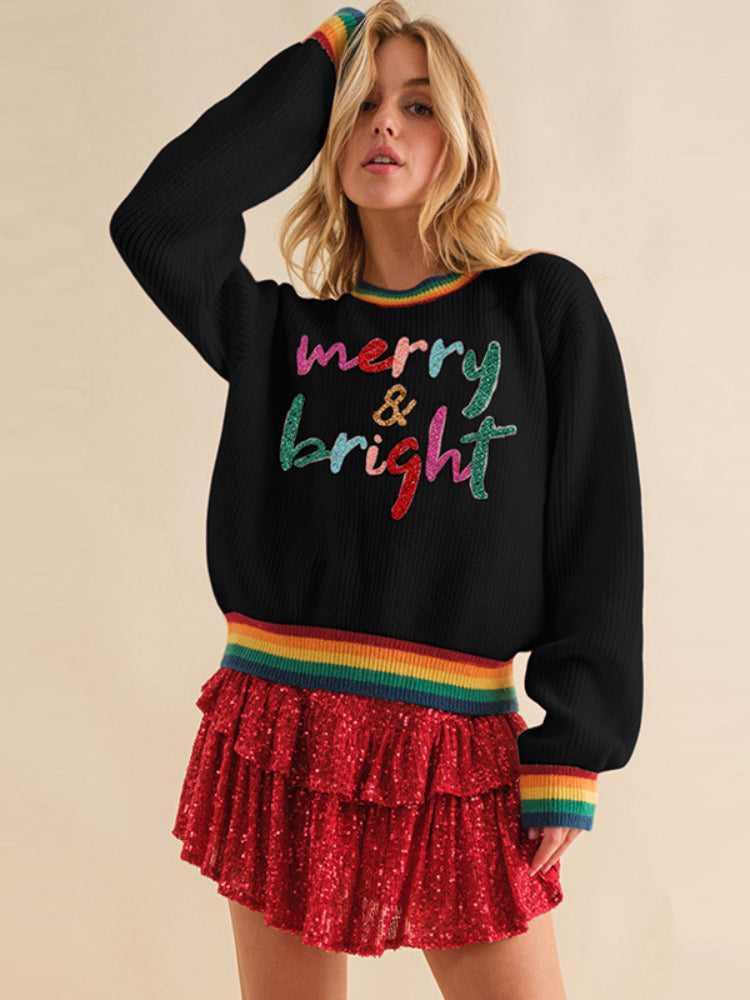 Women's Colorful Sequin Patch Merry And Bright Knit Sweater