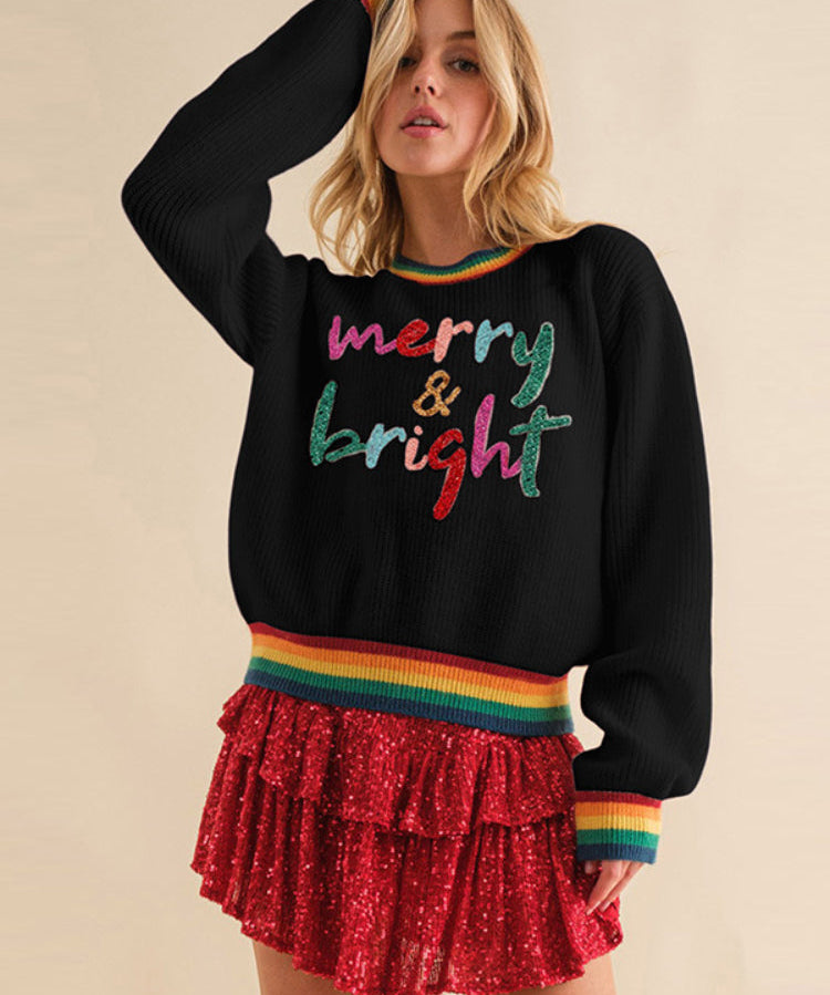 Women's Colorful Sequin Patch Merry And Bright Knit Sweater
