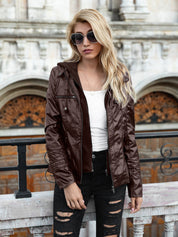 Women's Detachable Hooded Slim Fit Leather Bomber Jacket