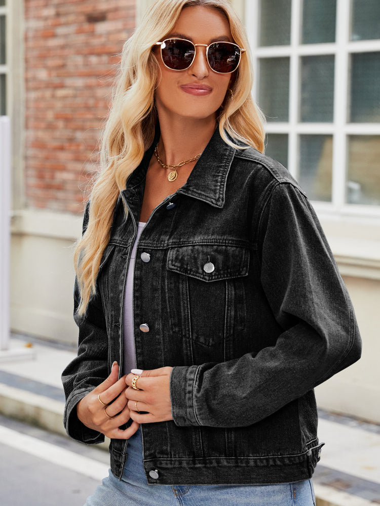 Women's Classic Slim Fit Button Up Denim Jacket with Pearl