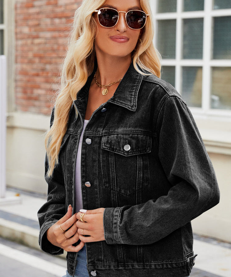 Women's Classic Slim Fit Button Up Denim Jacket with Pearl