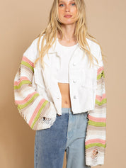 Women's Distressed Striped Long Sleeve Denim Jacket