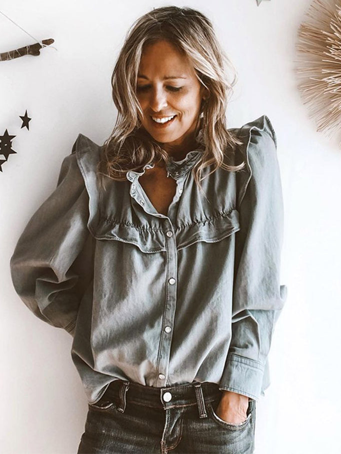 Distressed Ruffle Button Closure Denim Shirt
