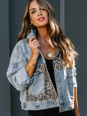 Women's Distressed Cowgirl Leopard Patchwork Denim Jacket
