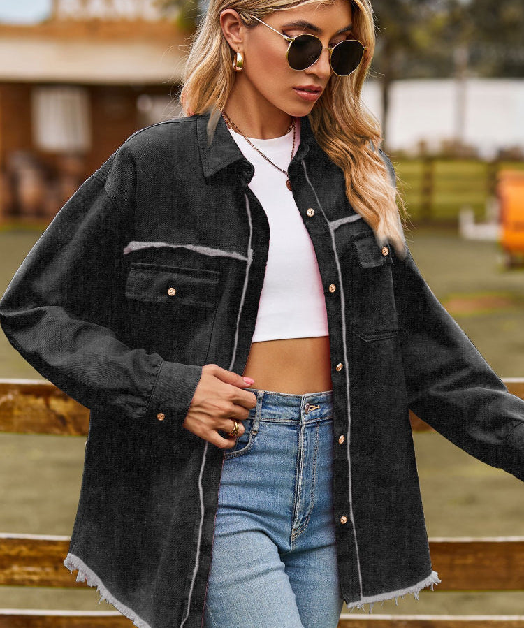 Women's Vintage Raw Hem Button-Up Denim Shacket