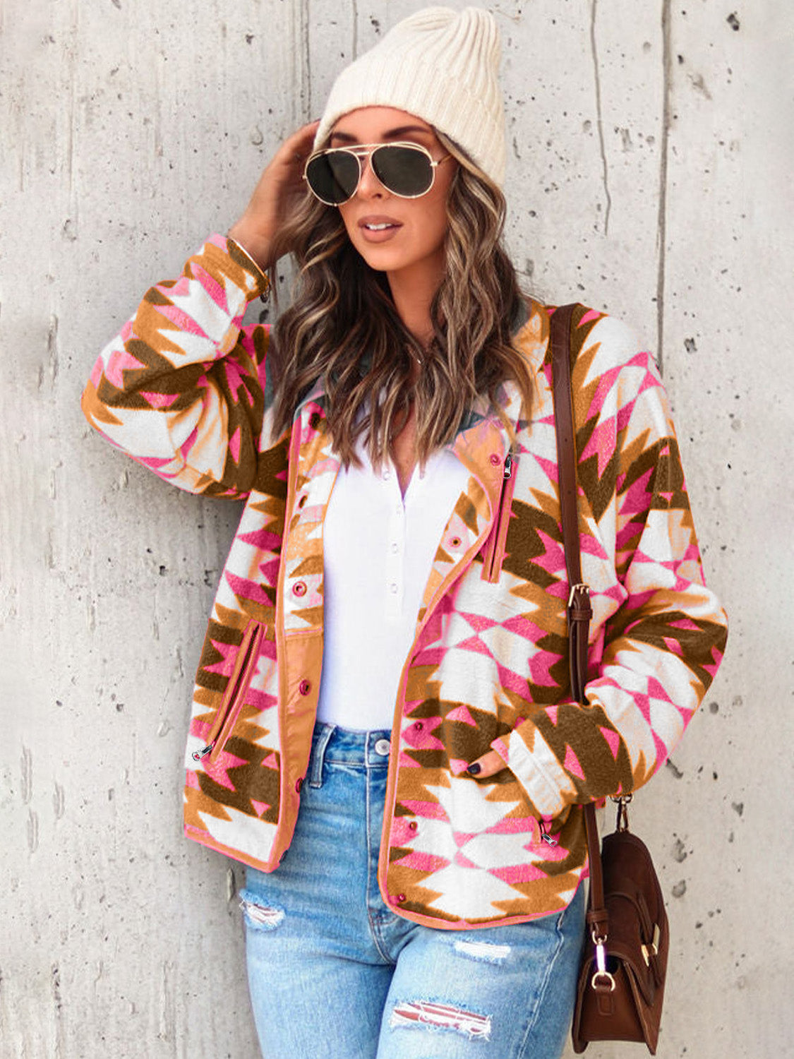 Women's Western Cowgirl Aztec Pattern Fleece Buttoned Jacket
