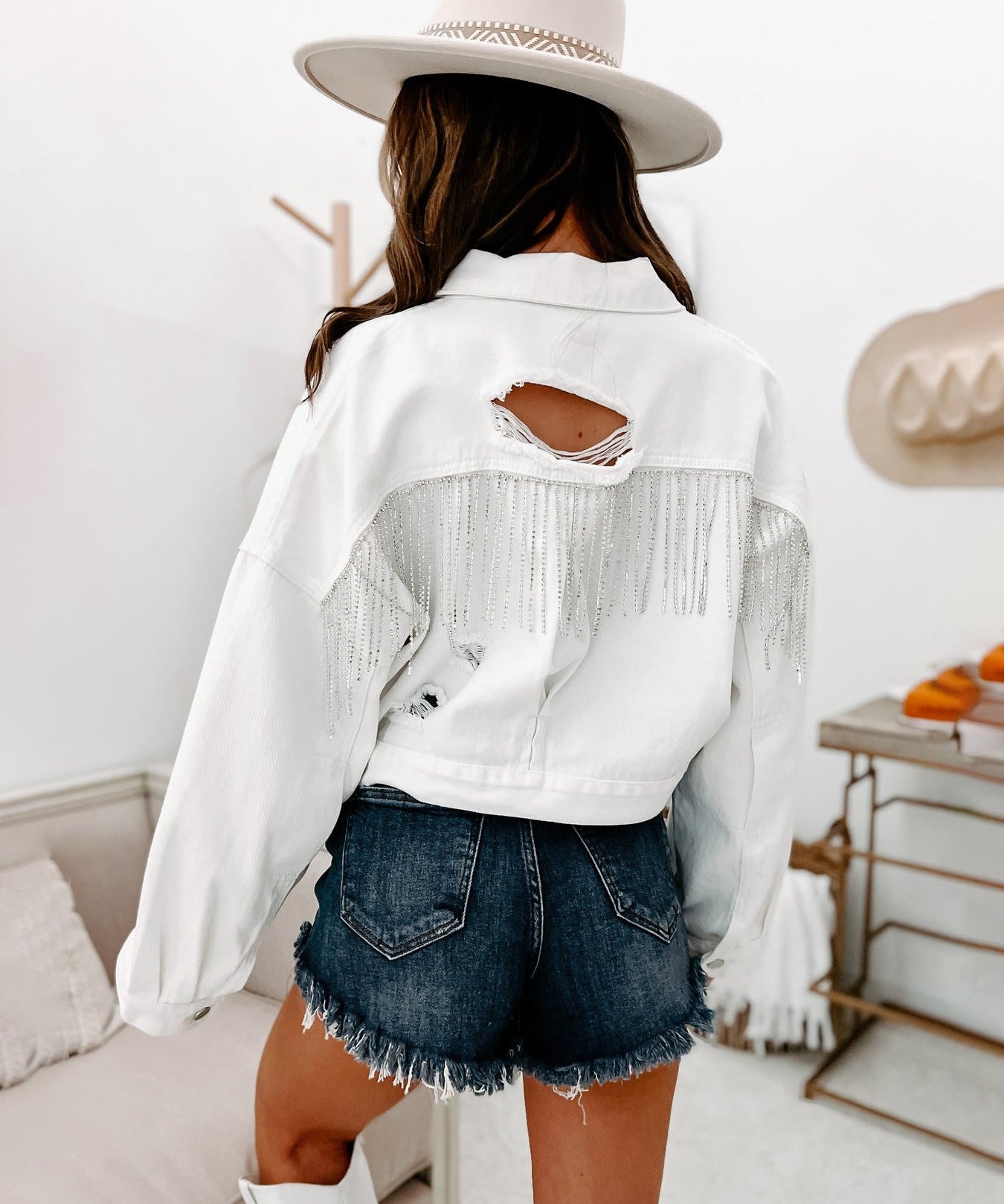 Women's Shiny Rhinestone Fringe Denim Cropped Jacket