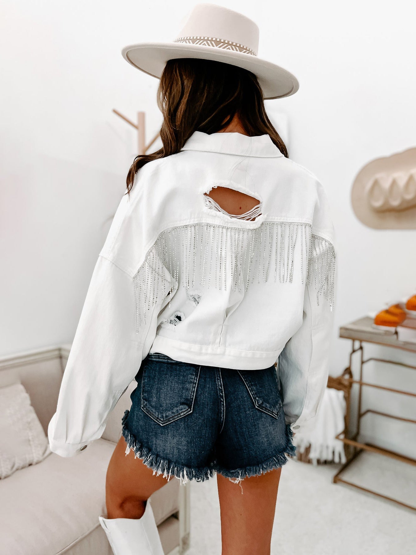 Women's Shiny Rhinestone Fringe Denim Cropped Jacket
