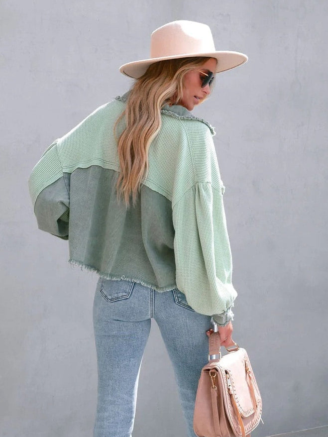 Ladies Vintage Western Waffle Cropped Raw Hem Jacket