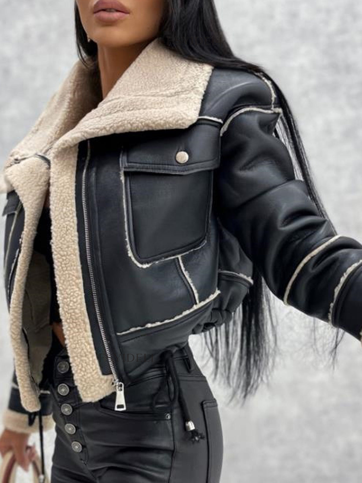 Women's Faux Leather Zipper Cropped Patchwork Jacket