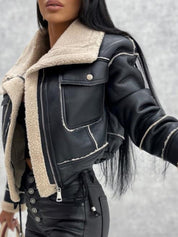 Women's Faux Leather Zipper Cropped Patchwork Jacket