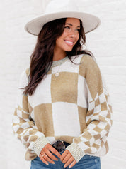 Jersey de punto con cuello redondo y estampado a cuadros chic