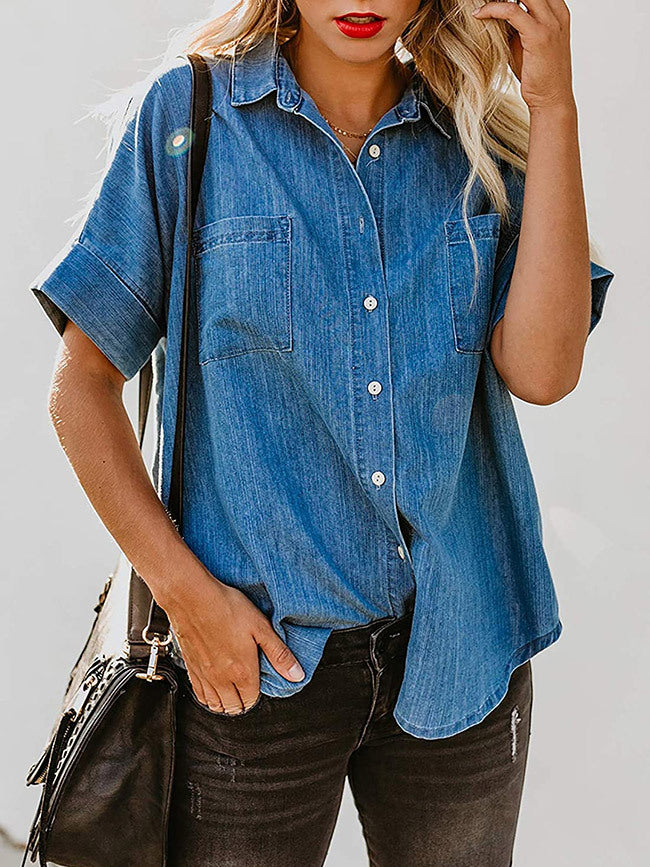 Retro Solid Button-Up Lapel Denim Shirt
