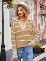 Women's Patchwork Striped Lapel Baggy Pullover Sweater