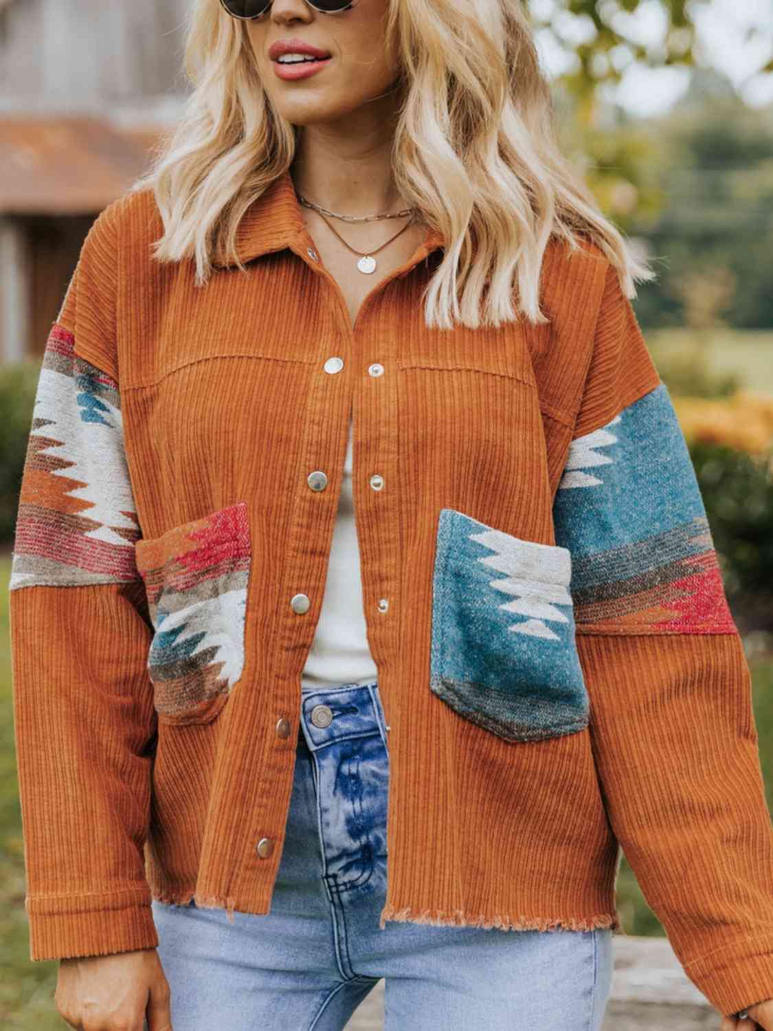 Western Aztec Pattern Snap Down Raw Hem Jacket