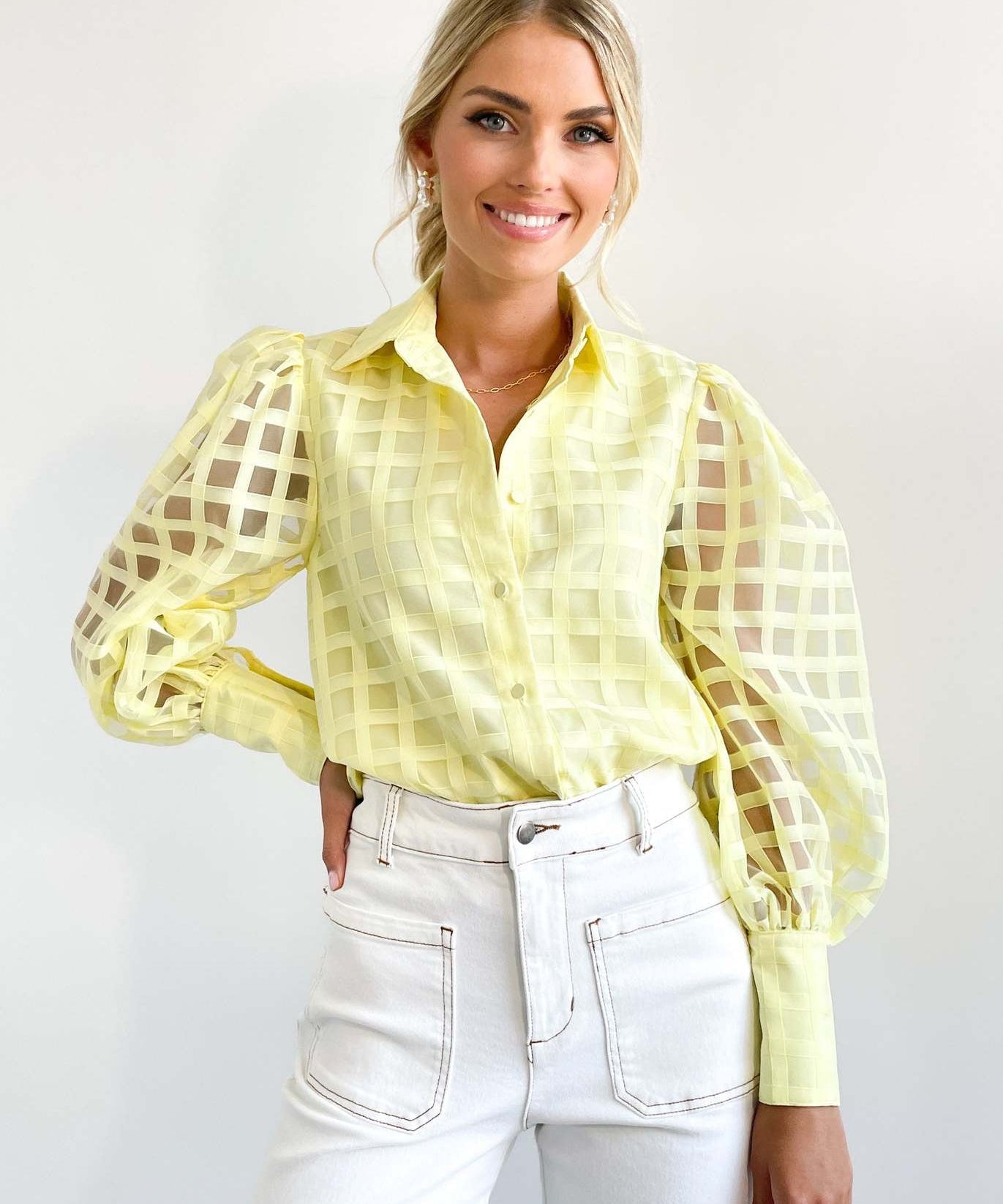 Check Textured Organza Collar Puff Sleeve Shirt