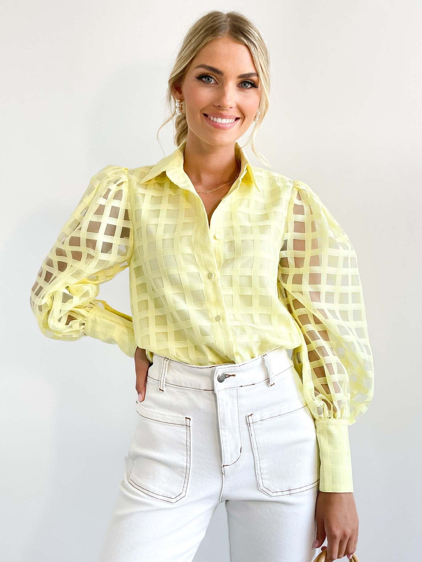 Check Textured Organza Collar Puff Sleeve Shirt