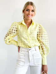 Check Textured Organza Collar Puff Sleeve Shirt
