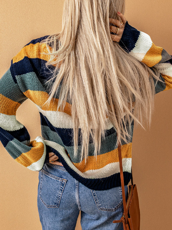 Retro Striped Dropped Shoulder Knitted Sweater